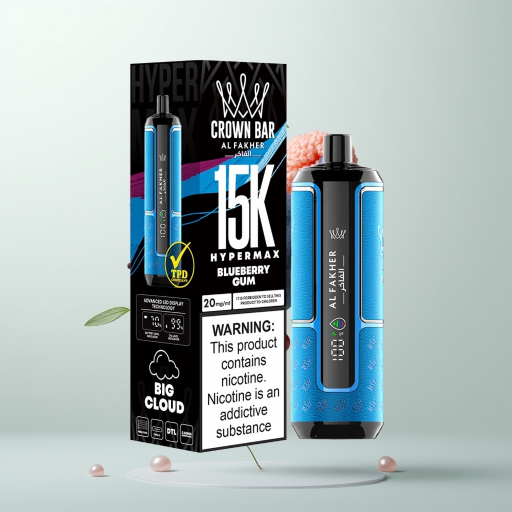 Al Fakher Crown Bar 15K Hypermax Jetable 22ml 600mAh Type-C Goût Gomme Myrtille
