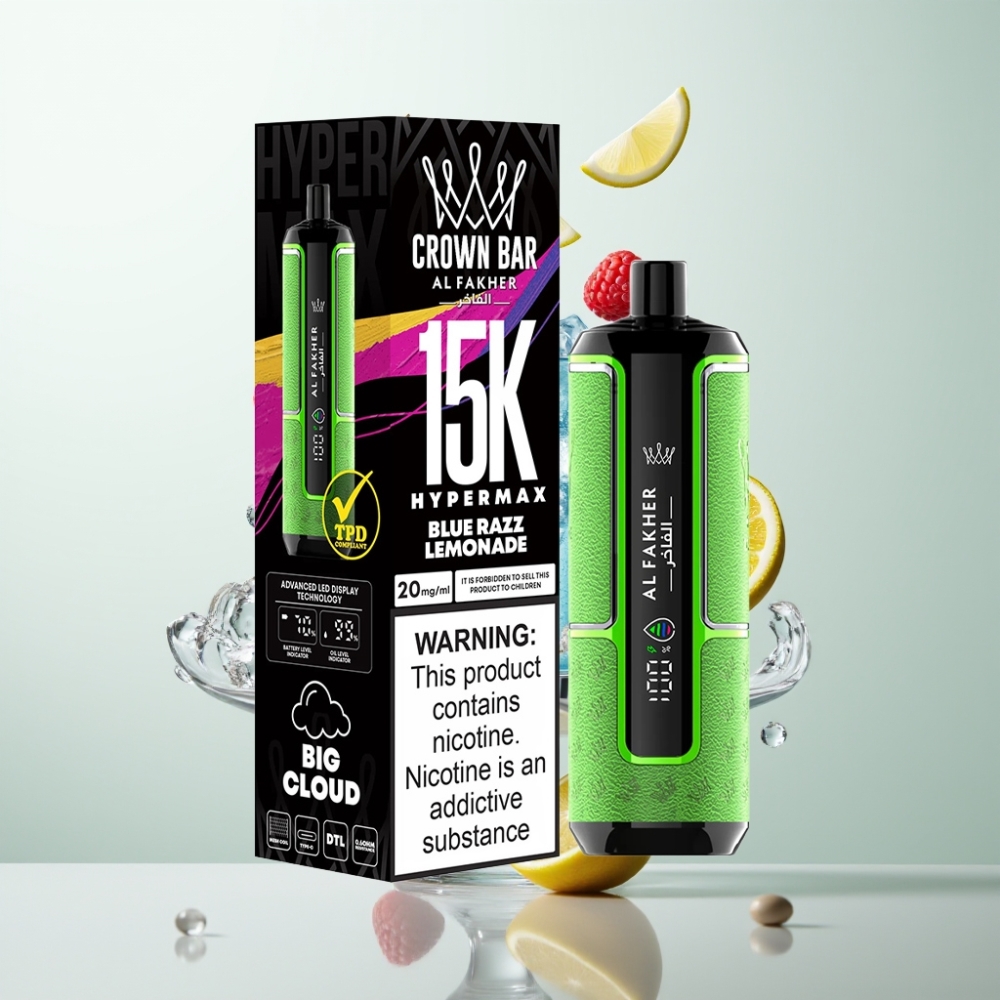 Al Fakher Crown Bar 15K Hypermax Kit Jetable 22ml 600mAh Type-C DTL 6mg Bleu Citronnade Framboise