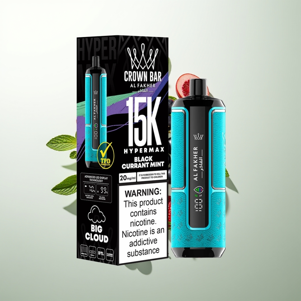Al Fakher Crown Bar 15K Hypermax Kit Jetable 22ml 600mAh Type-C DTL 6mg/ml Cassis Menthe