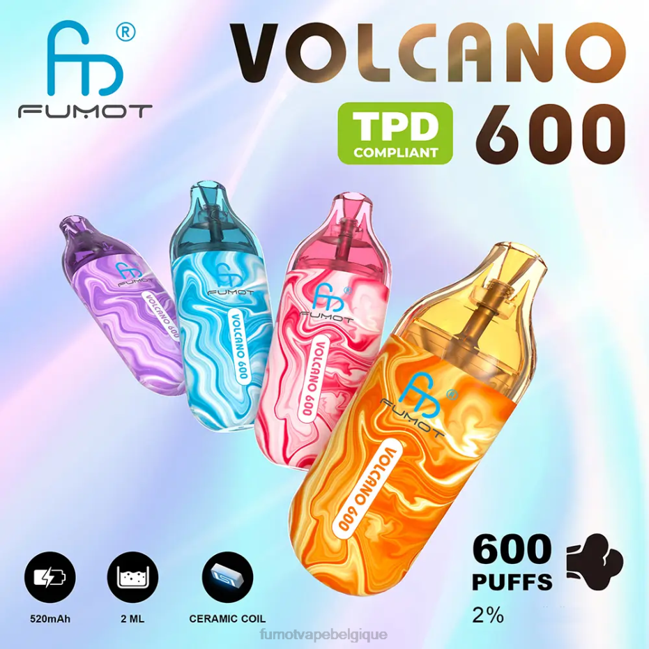 Fumot Volcano Vape jetable conforme 600 tpd - 2 ml (ensemble de 3 pièces) 62HZ296 glace au litchi Fumot disposable vape