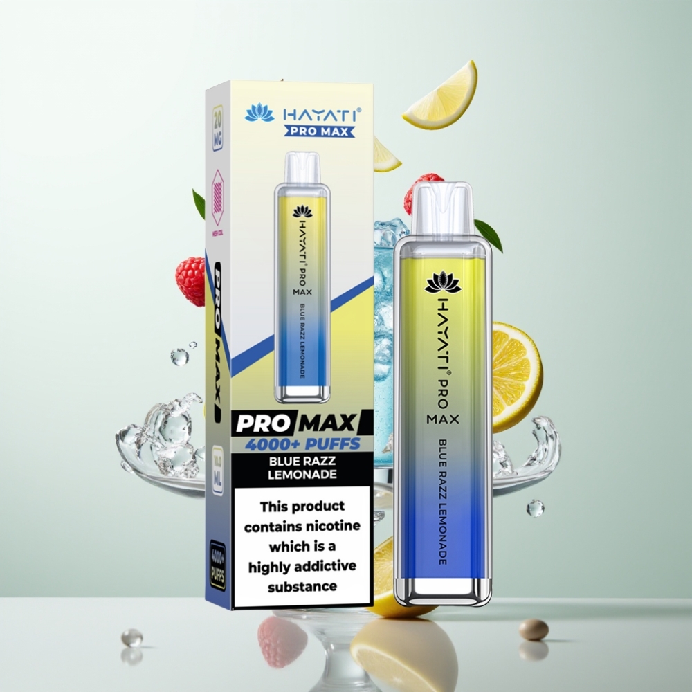 Hayati Pro Max 4000 Puffs E-Cigarette Jetable Rechargeable 1400mAh Dual Mesh 11 Ohm 2/5 Nicotine TPD-Conforme Saveur Limonade Bleu Framboise