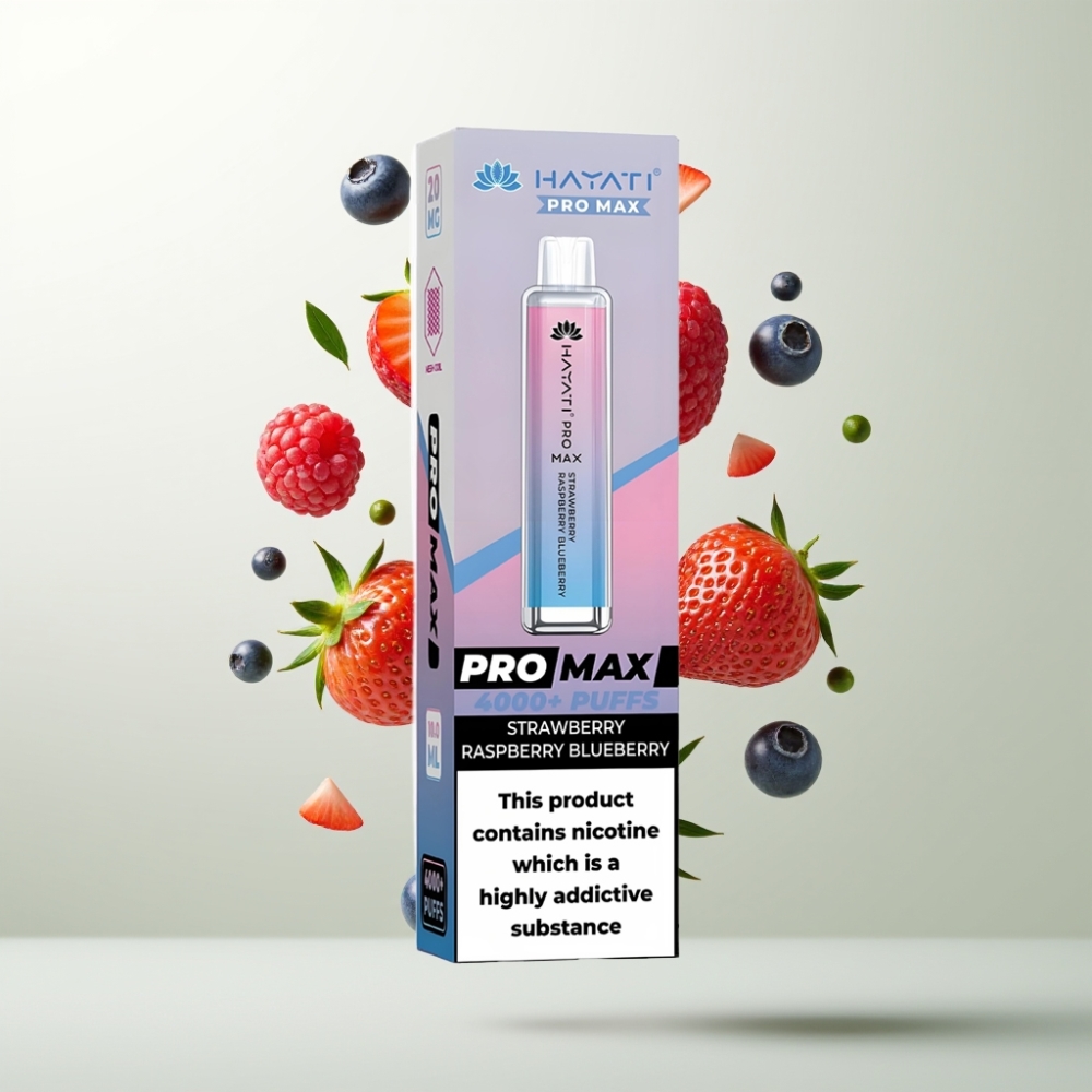 Hayati Pro Max 4000 Puffs E-liquide Rechargeable Batterie 1400mAh LED Aromes Fraise Framboise Myrtille TPD