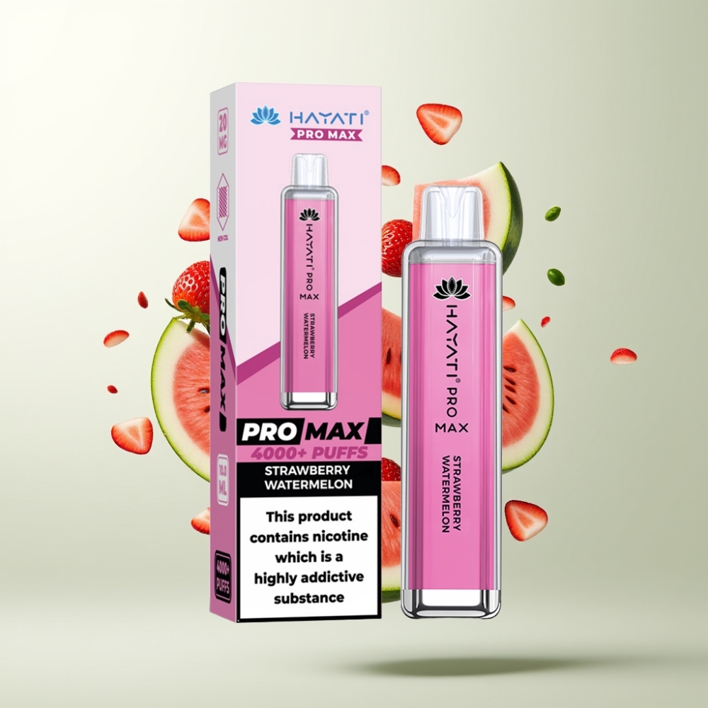 Hayati Pro Max 4000 Puffs Rechargeable 1400mAh Double Résistance 11 Ohm LED Fraise Pastèque