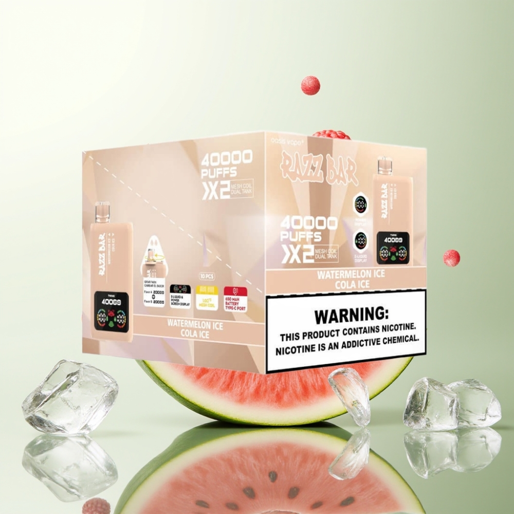 Razz Bar 40000 Puffs Affichage Écran Puissance Double Bobine 10Ω 650mAh USB-C Pastèque Glacée  Cola Glacée