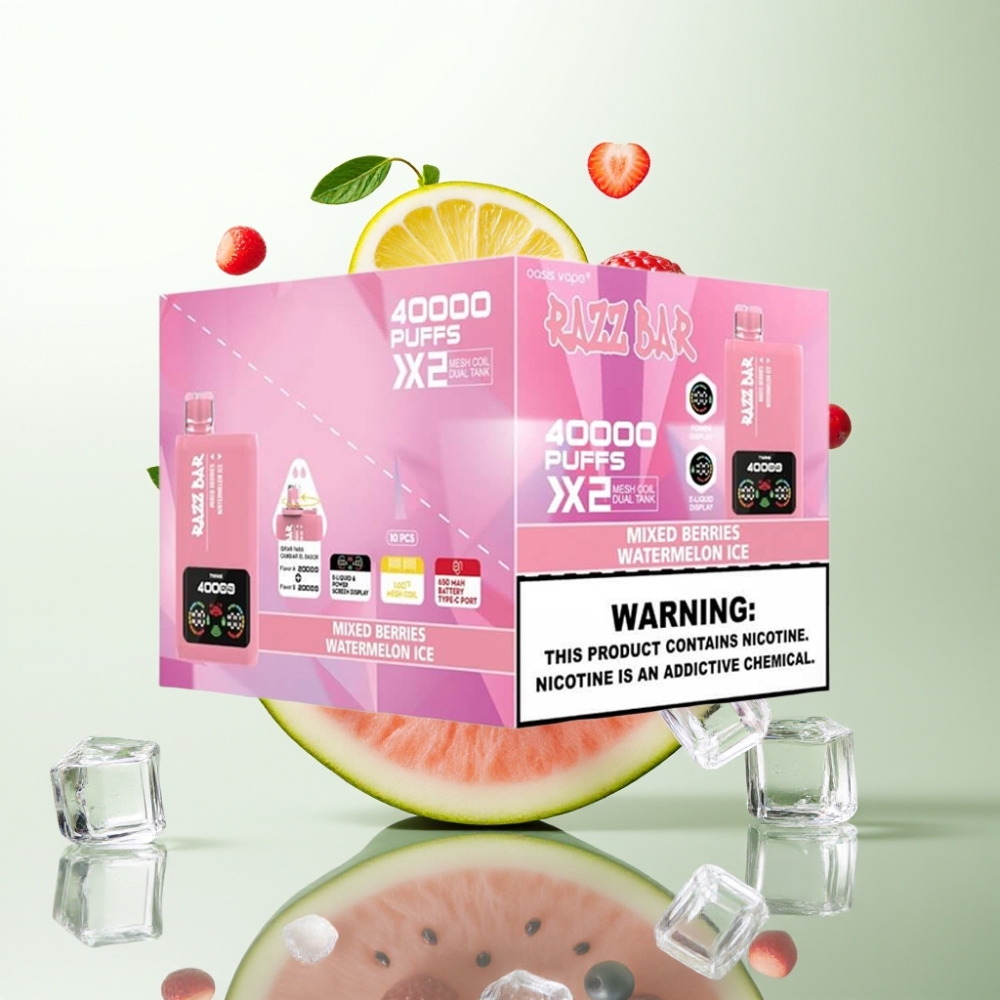 Razz Bar 40000 Puffs Écran Puissance Bobine Double 10Ω Baies Mixtes  Pastèque Glacée