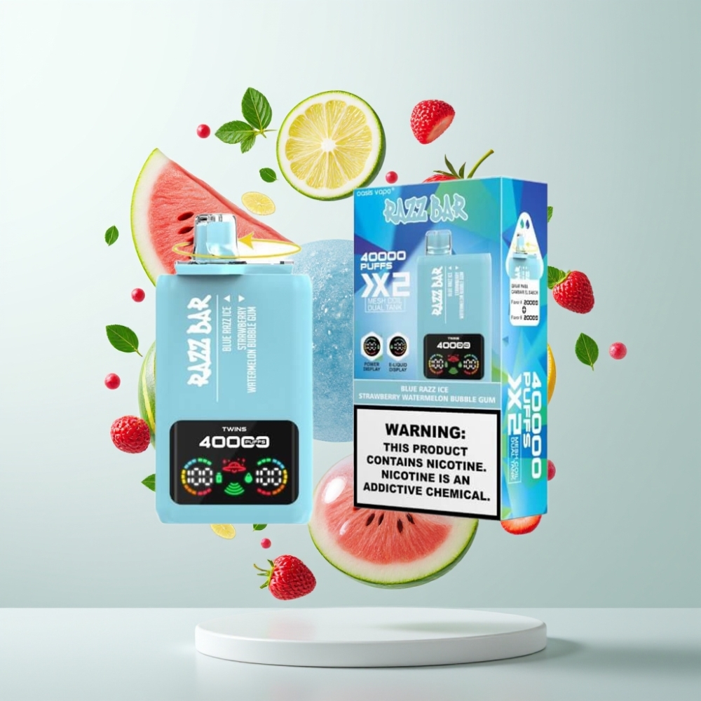 Razz Bar 40000 Puffs Écran Puissance Double Bobine 10Ω Saveur FRAMBOISE BLEUE GLACÉE-FRAISE PASTEQUE BUBBLE GUM
