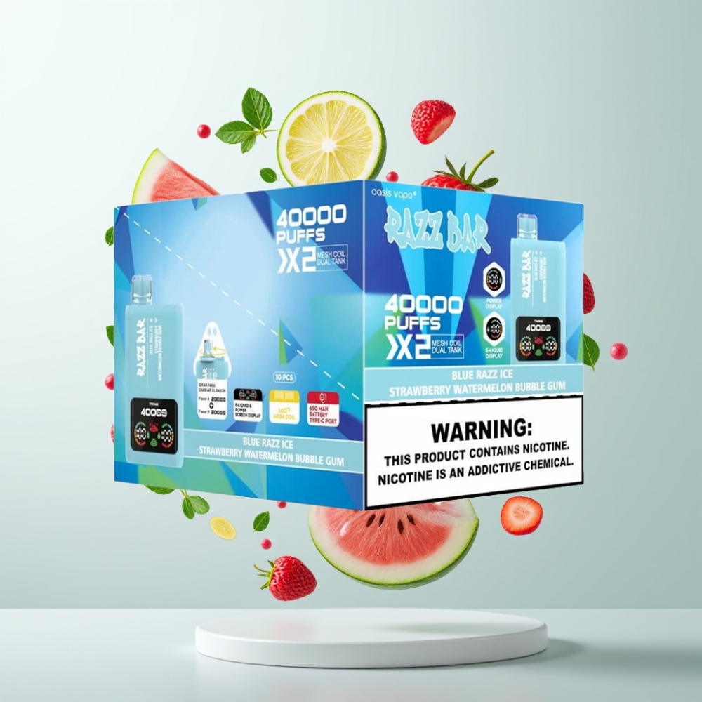 Razz Bar 40000 Puffs Écran Puissance Double Bobine 10Ω Saveur FRAMBOISE BLEUE GLACÉE-FRAISE PASTEQUE BUBBLE GUM