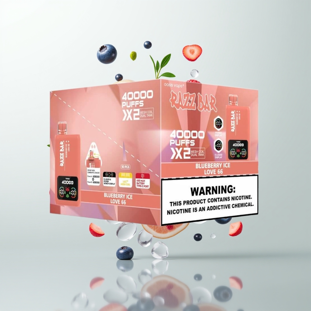 Razz Bar 40000 Puffs Écran Puissance Double Bobine 10Ω Type-C Bleu Glace  Amour 66