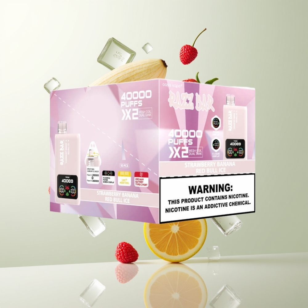 Razz Bar 40000 Puffs Écran Puissance Double Bobine 10Ω Type-C Fraise Banane  Red Bull Glacé