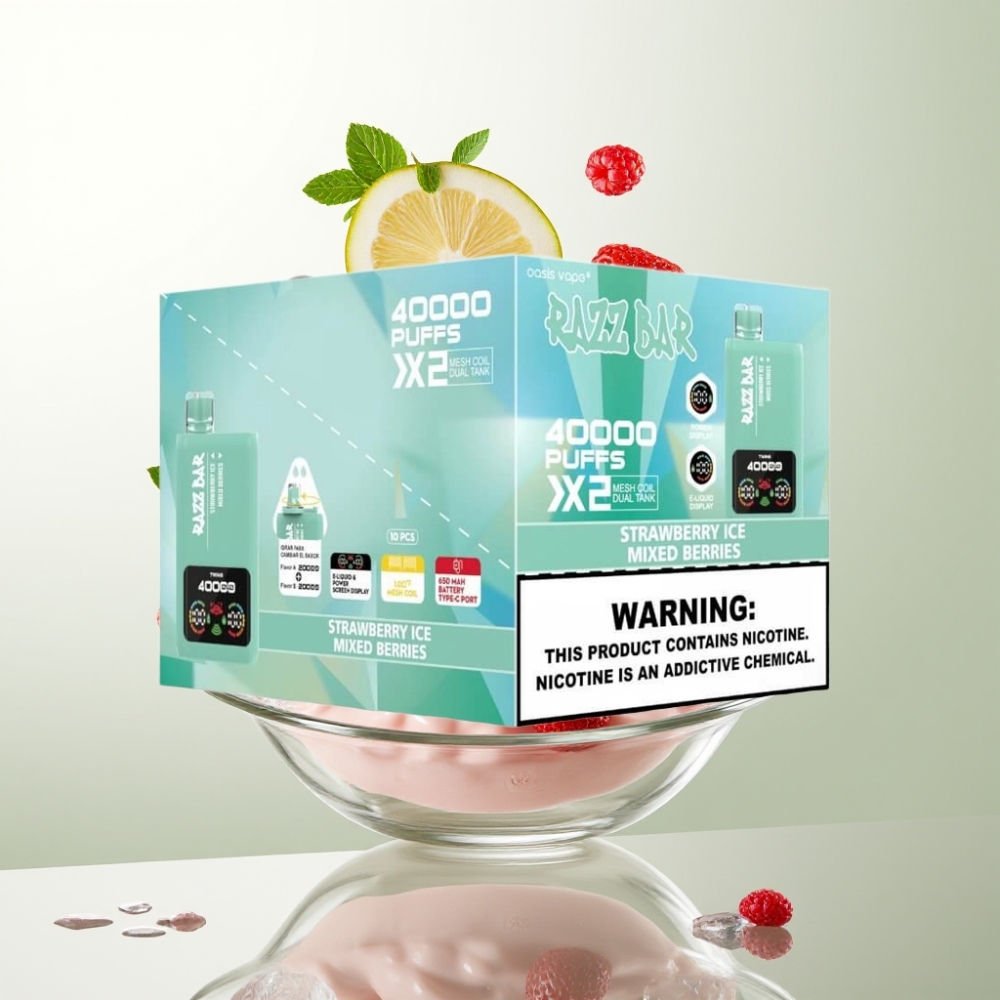 Razz Bar 40000 Puffs Écran Puissance Double Bobine 10Ω Type-C Fraise Glacée  Baies Mixtes