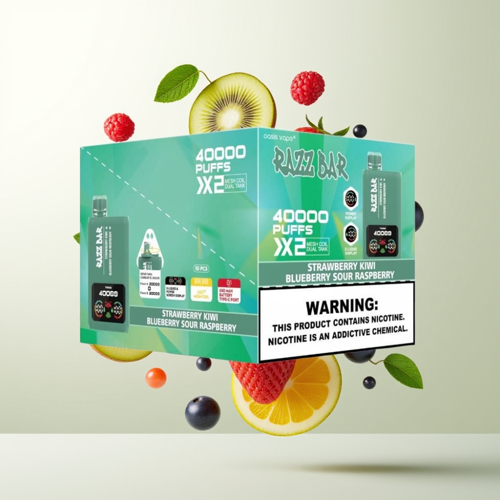 Razz Bar 40000 Puffs Écran Puissance Double Bobine 10Ω Type-C Fraise Kiwi  Myrtille Framboise Acidulée
