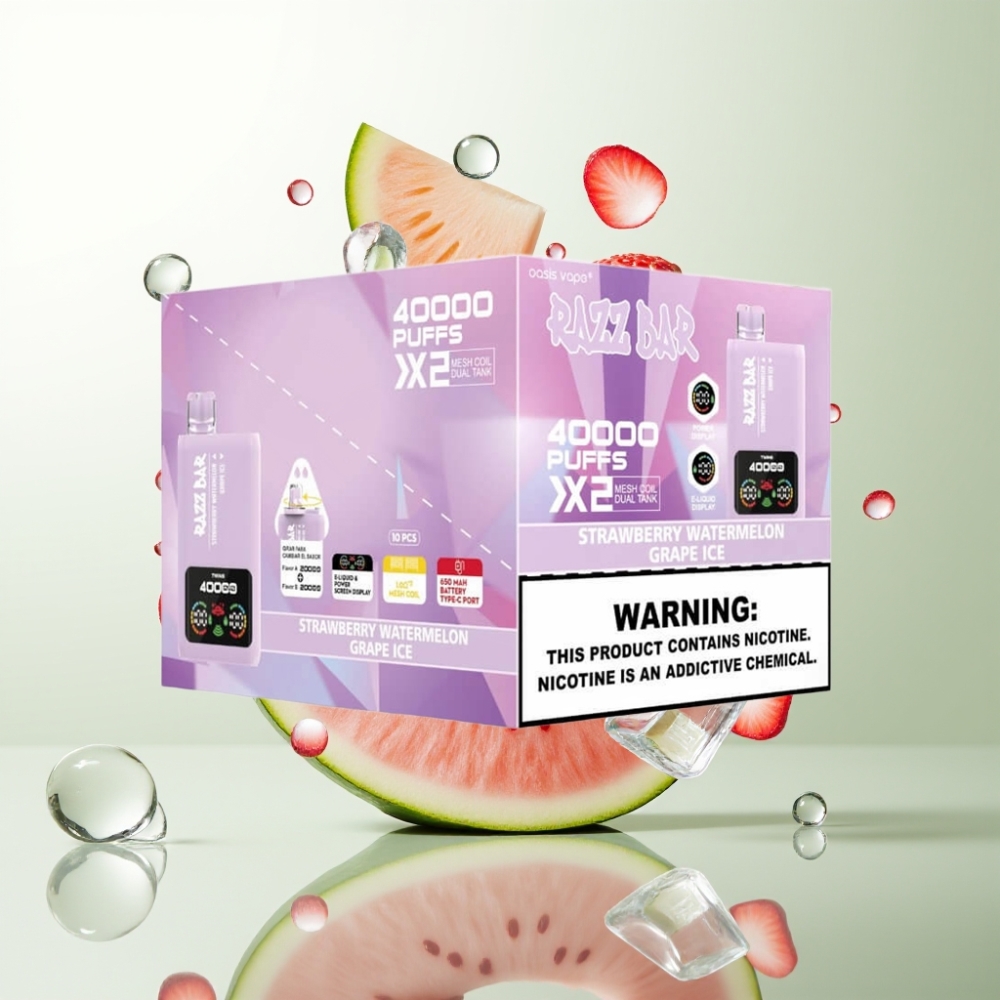 Razz Bar 40000 Puffs Écran Puissant Double Mesh 10Ω Type-C 650mAh 2/5 Nicotine Fraise Pastèque  Raisin Glacé