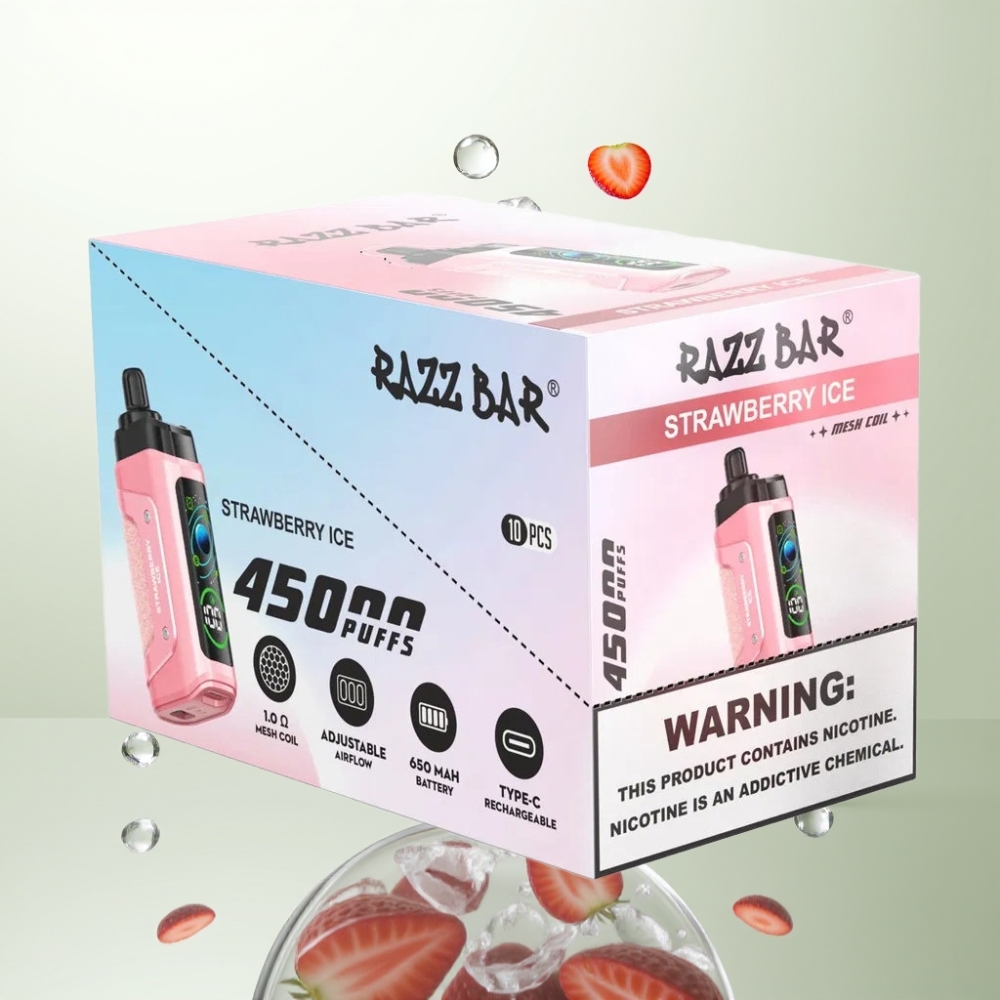 Razz Bar 45000 Puffs 10 Ohm Mesh Airflow Réglable Fraise Mentholée