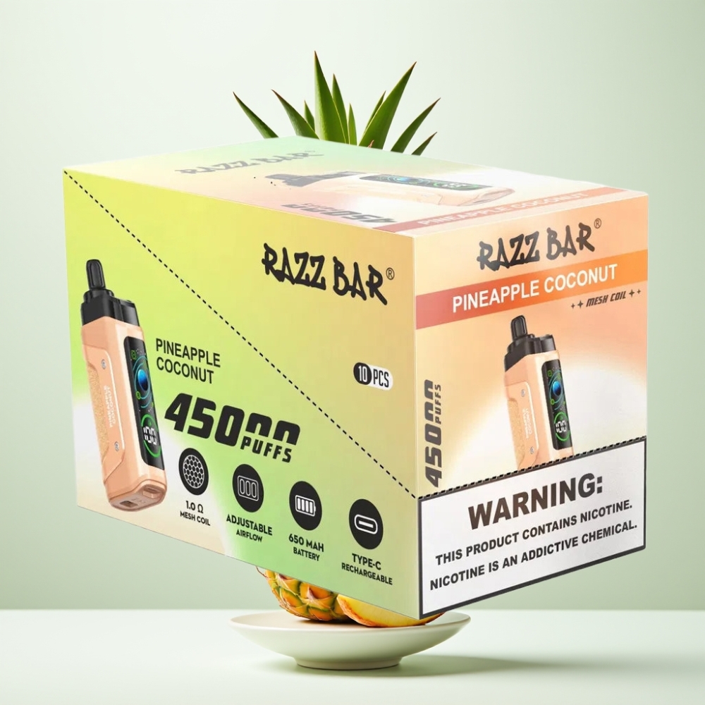Razz Bar 45000 Puffs Ananas Noix de Coco Bobine Mesh 10 Ohm Airflow Réglable