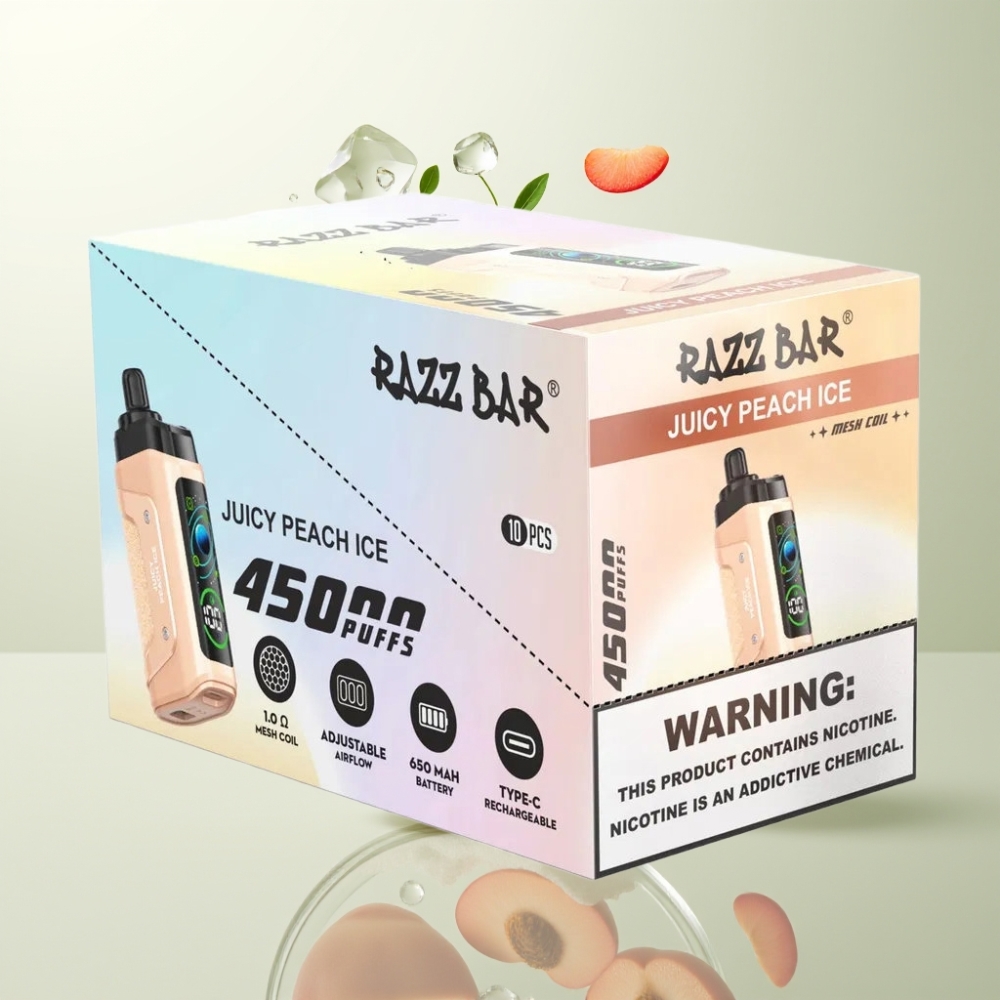 Razz Bar 45000 Puffs Bobine Mesh 10 Ohm Airflow Réglable Pêche Juteuse Glacée