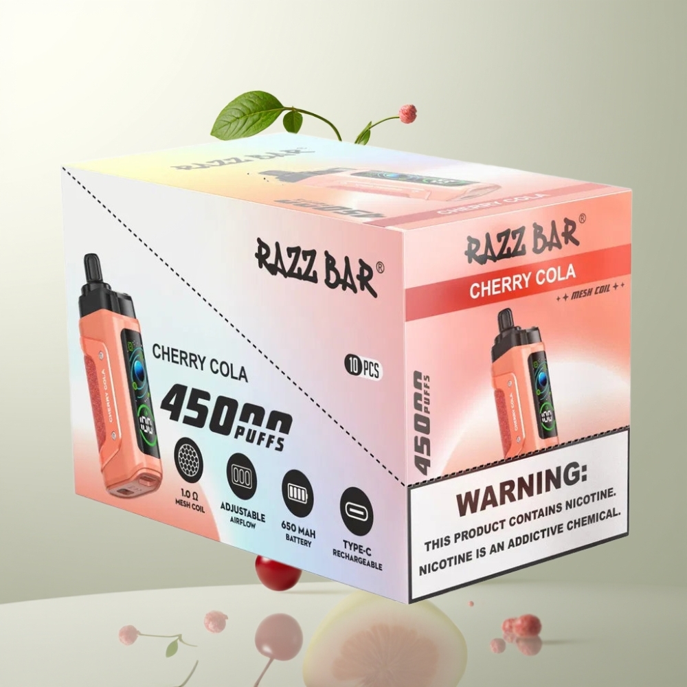 Razz Bar 45000 Puffs Bobine Mesh 10 Ohm Flux d\Air Réglable Cerise Cola
