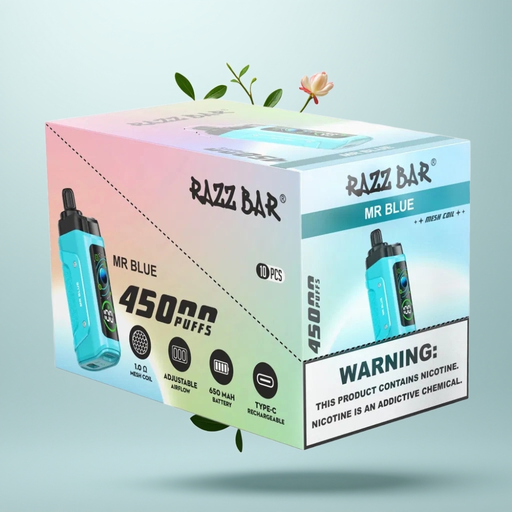 Razz Bar 45000 Puffs Résistance 10 Ohm Mesh Batterie 650 Mah Rechargeable Type-C Arôme M Bleu