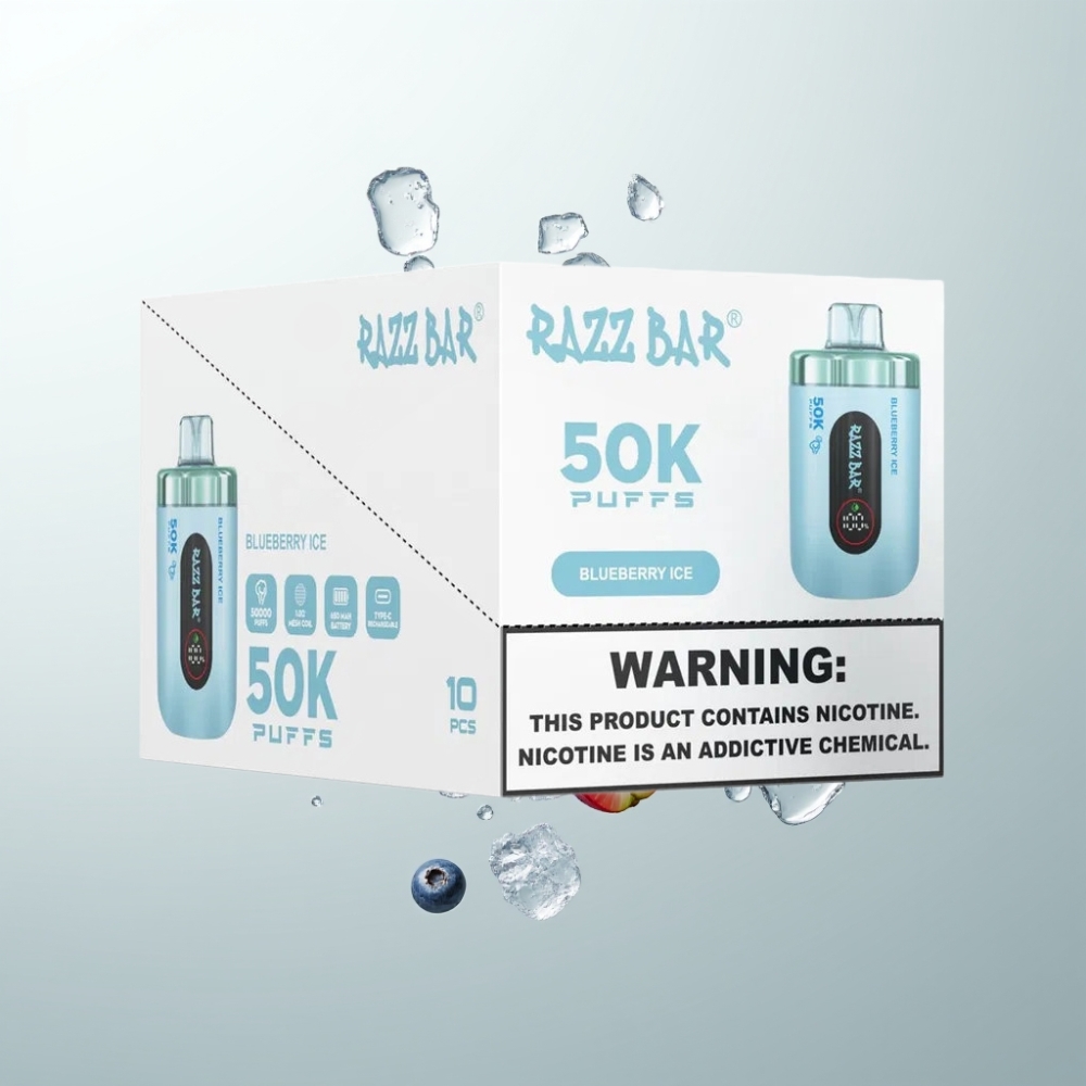 Razz Bar 50K Puffs 10 Ohm 650mAh Type-C Rechargeable 2 Nicotine Myrtille Glacé