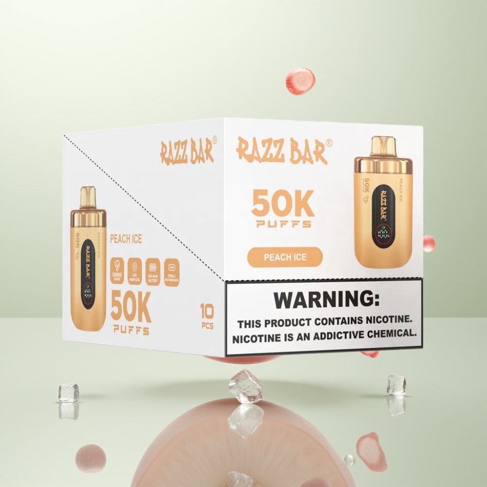 Razz Bar 50K Puffs 10 Ohm Mesh 650mAh Type-C 2 Nicotine Pêche Glacée