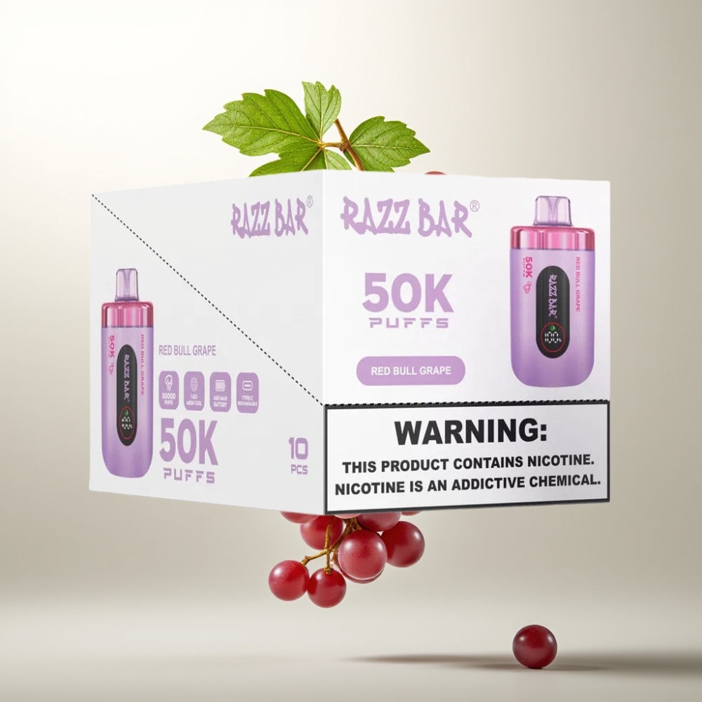 Razz Bar 50K Puffs 10 Ohm Mesh Coil 650 Mah Rechargeable Red Bull Raisin