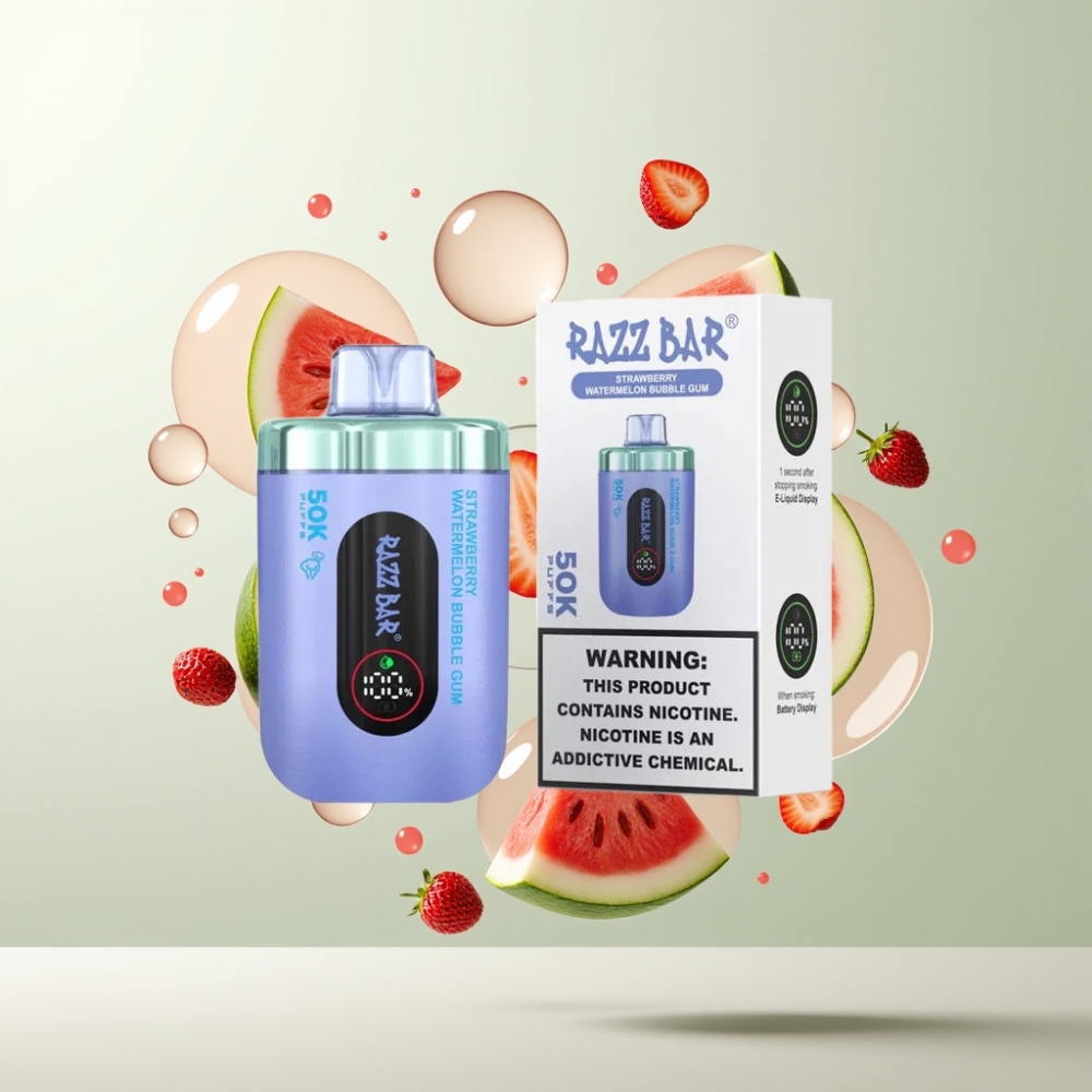 Razz Bar 50K Puffs Rechargeable Type-C 2 Nicotine Fraise Pastèque Bubble Gum