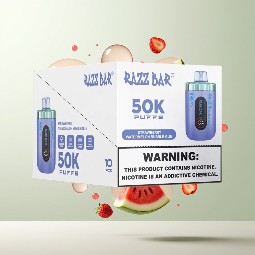 Razz Bar 50K Puffs Rechargeable Type-C 2 Nicotine Fraise Pastèque Bubble Gum