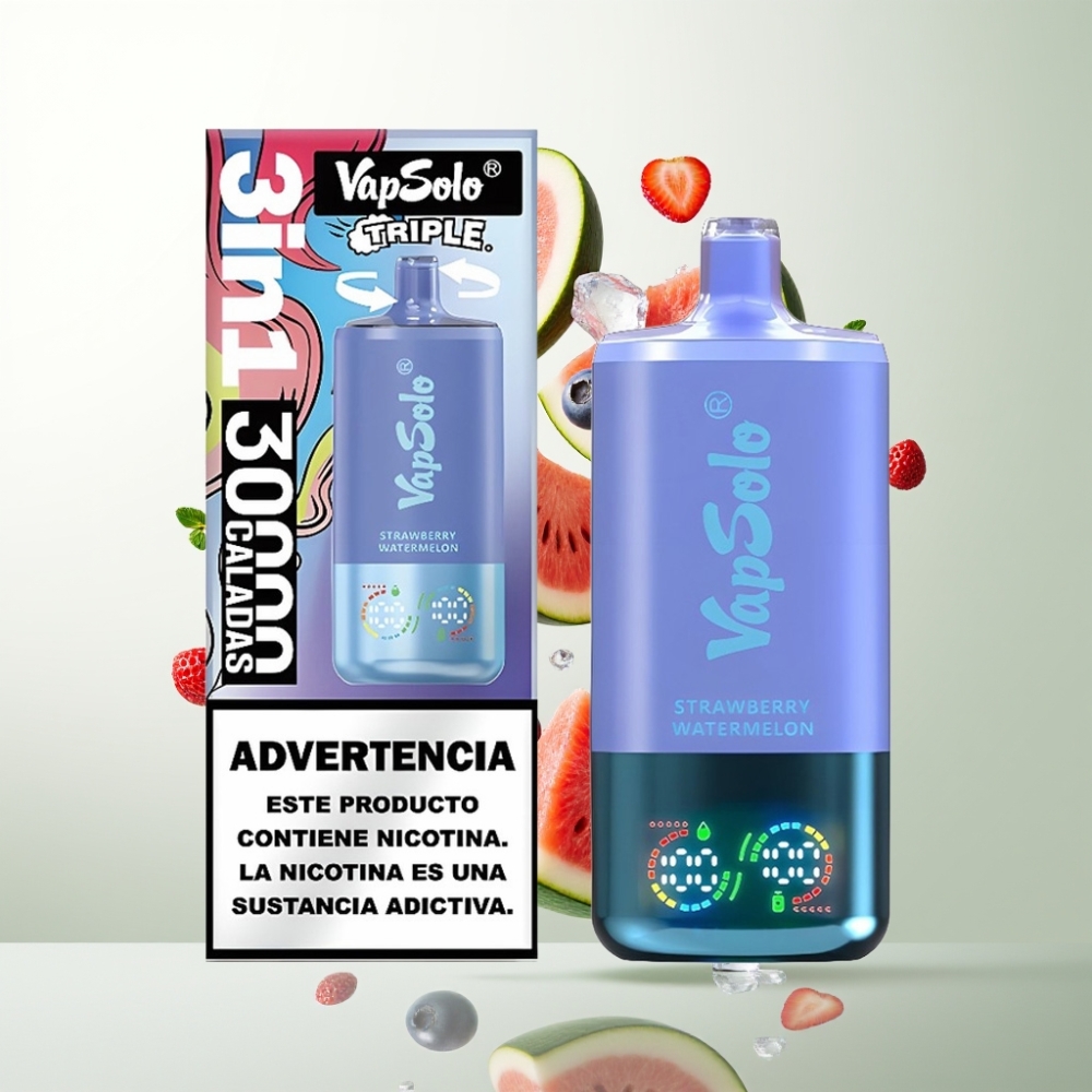 VapSolo Triple 30000 Puffs 40ml 20/50mg Type-C Fraise Pastèque  Myrtille Glacée