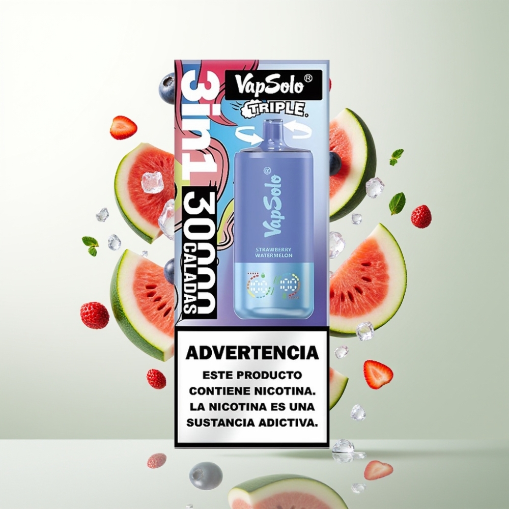 VapSolo Triple 30000 Puffs 40ml 20/50mg Type-C Fraise Pastèque  Myrtille Glacée