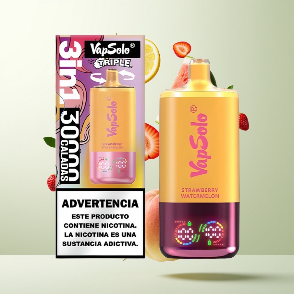 VapSolo Triple 30000 Puffs 40ml 3 Réservoirs Type-C Fraise Pastèque  Citron Pêche