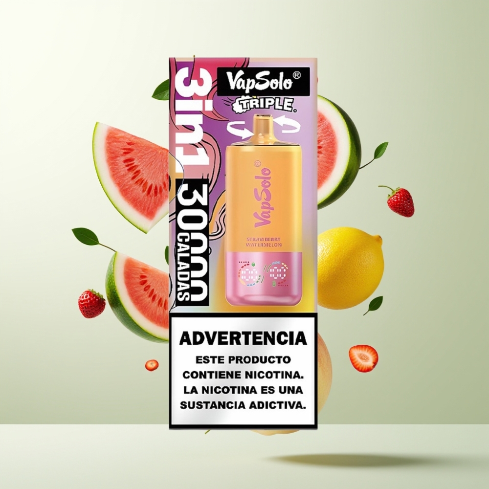 VapSolo Triple 30000 Puffs 40ml 3 Réservoirs Type-C Fraise Pastèque  Citron Pêche