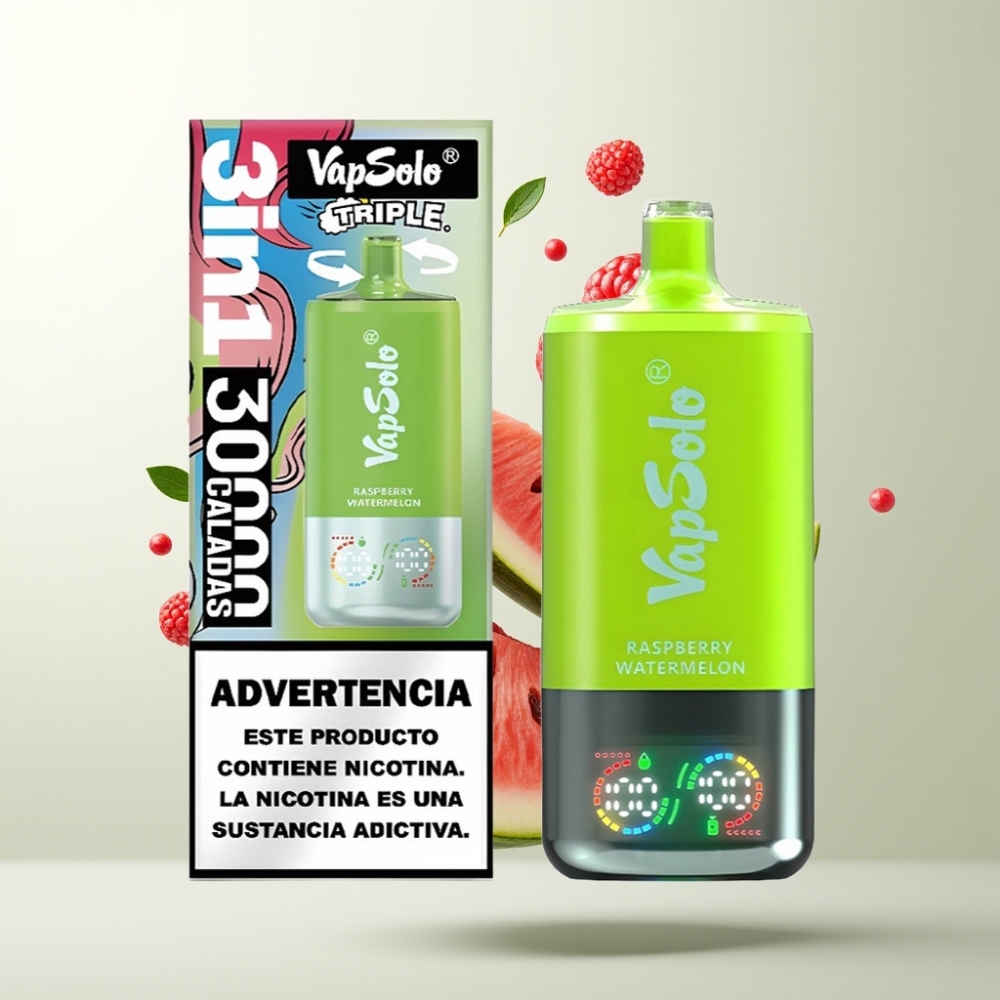VapSolo Triple 30000 Puffs 40ml Framboise Pastèque Type-C 3 Réservoirs