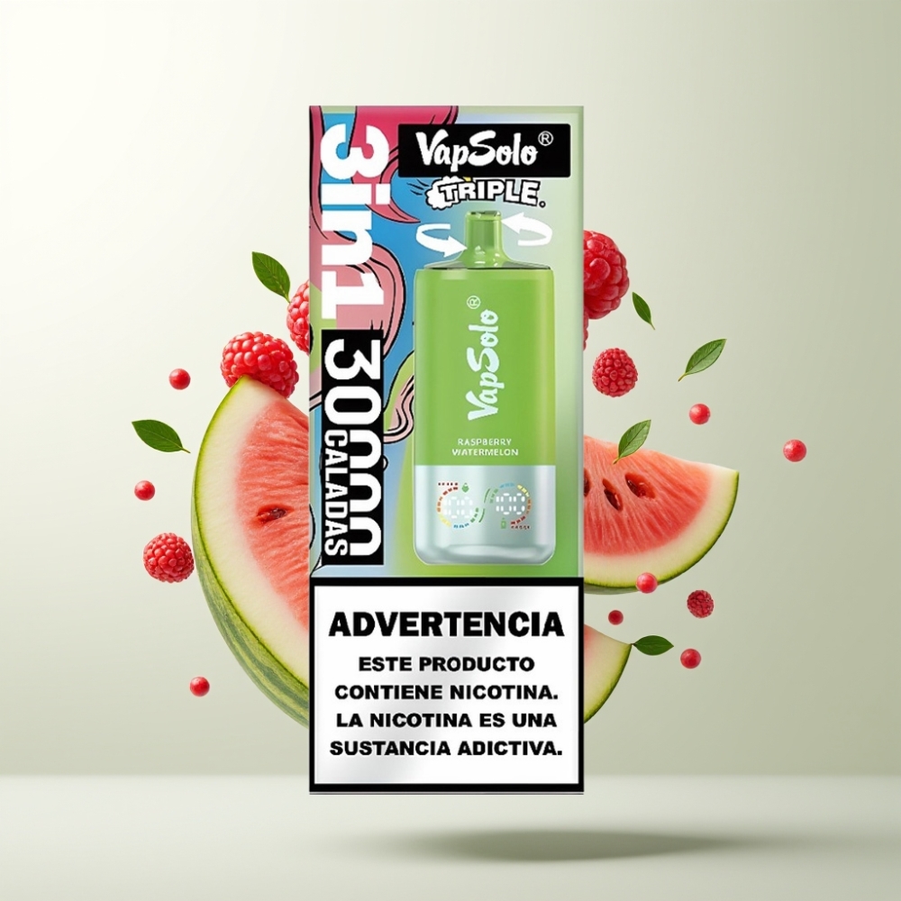 VapSolo Triple 30000 Puffs 40ml Framboise Pastèque Type-C 3 Réservoirs