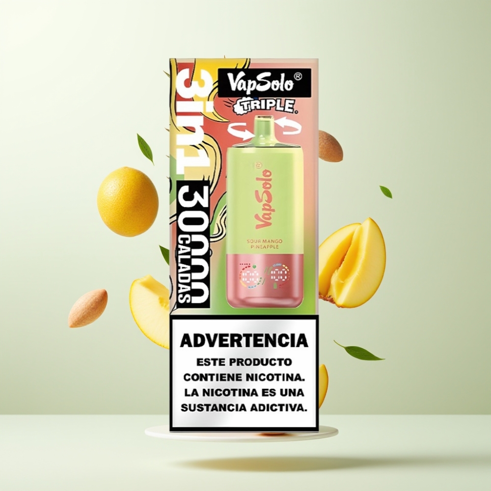 VapSolo Triple 30000 Puffs 40ml Mangue Ananas Aigre 3 Réservoirs Type-C