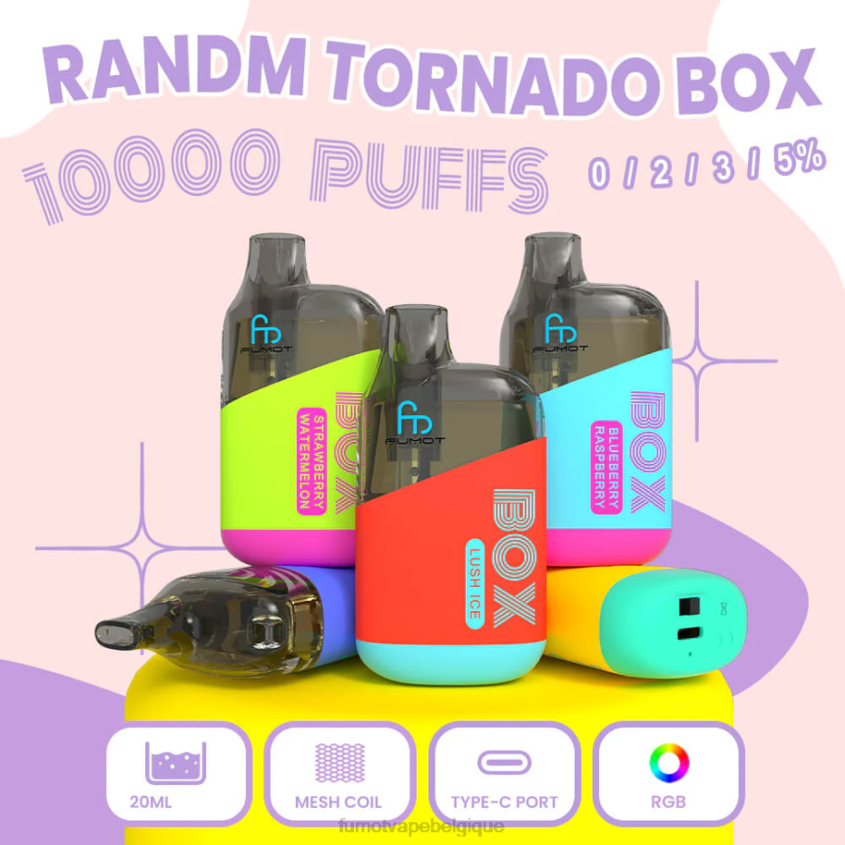Fumot Tornado Boîte de 10000 vape pods jetables - 20 ml (1 pièce) 62HZ361 chewing-gum aux myrtilles Fumot belgique