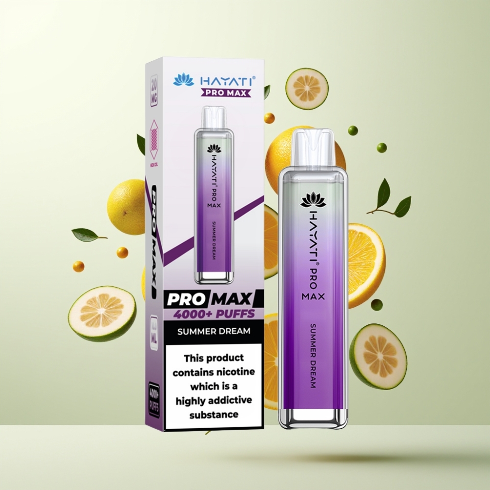 Hayati Pro Max 4000 Puffs e-cigarette jetable avec batterie rechargeable 1400mAh, LED, apparence cristal et arôme Rêve d'Été