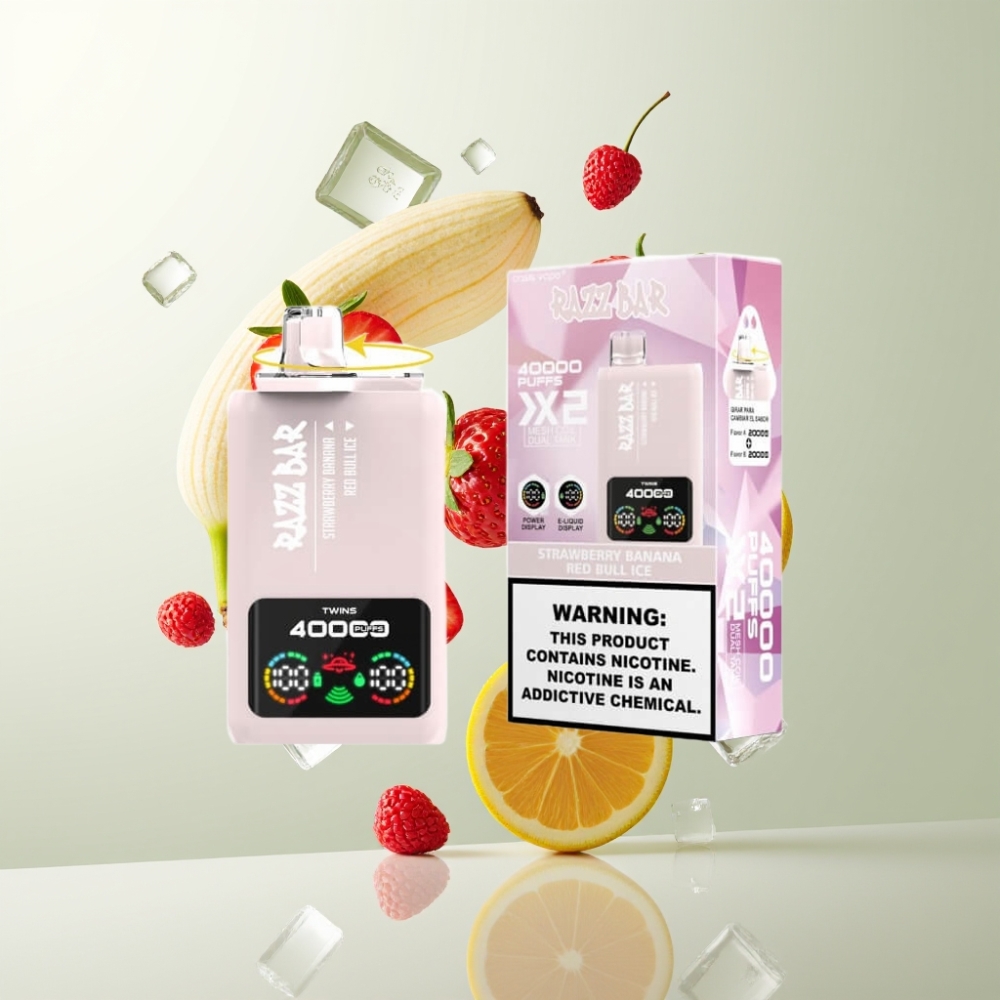 Razz Bar 40000 Puffs Écran Puissance Double Bobine 1.0Ω Type-C Fraise Banane & Red Bull Glacé
