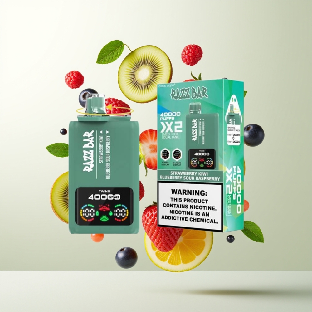Razz Bar 40000 Puffs Écran Puissance Double Bobine 1.0Ω Type-C Fraise Kiwi & Myrtille Framboise Acidulée