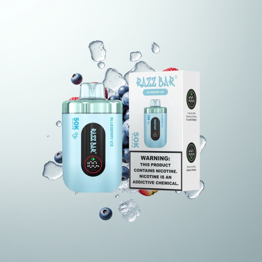 Razz Bar 50K Puffs 1.0 Ohm 650mAh Type-C Rechargeable 2% Nicotine Myrtille Glacé