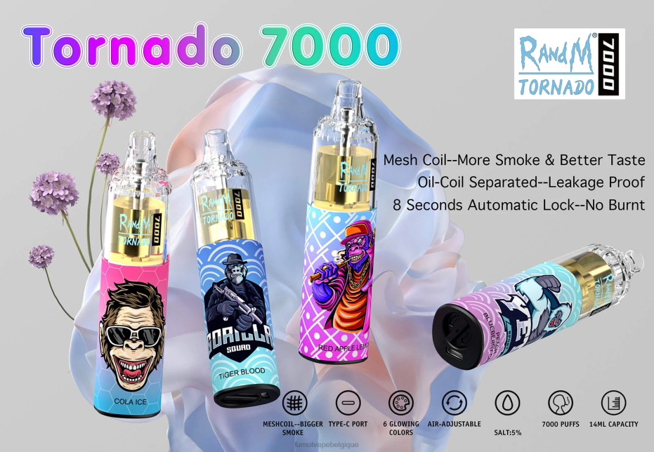 Fumot Tornado Stylo vape jetable 7000 - 14 ml (1 pièce) 62HZ86 bonbons pêche-myrtille Fumot disposable vape